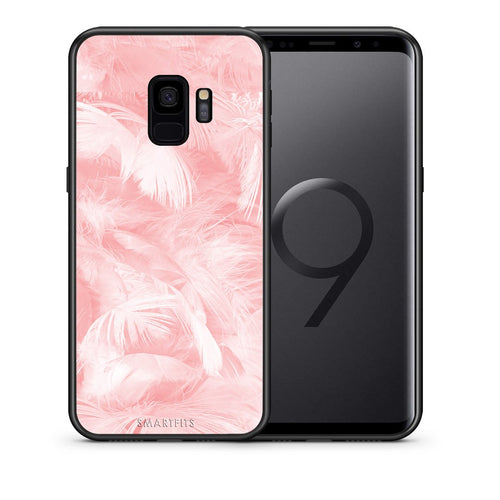 Θήκη Samsung S9 Pink Feather Boho από τη Smartfits με σχέδιο στο πίσω μέρος και μαύρο περίβλημα | Samsung S9 Pink Feather Boho case with colorful back and black bezels