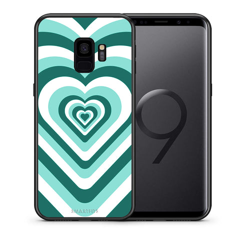 Θήκη Samsung S9 Green Hearts από τη Smartfits με σχέδιο στο πίσω μέρος και μαύρο περίβλημα | Samsung S9 Green Hearts case with colorful back and black bezels