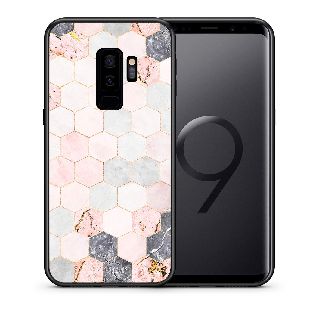 Θήκη Samsung S9 Plus Hexagon Pink Marble από τη Smartfits με σχέδιο στο πίσω μέρος και μαύρο περίβλημα | Samsung S9 Plus Hexagon Pink Marble case with colorful back and black bezels