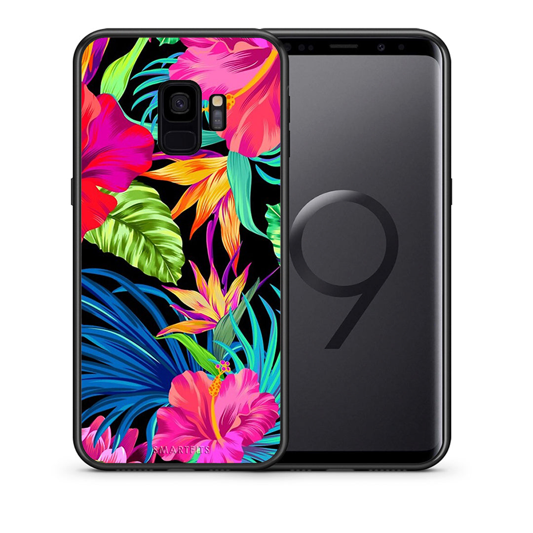 Θήκη Samsung S9 Tropical Flowers από τη Smartfits με σχέδιο στο πίσω μέρος και μαύρο περίβλημα | Samsung S9 Tropical Flowers case with colorful back and black bezels