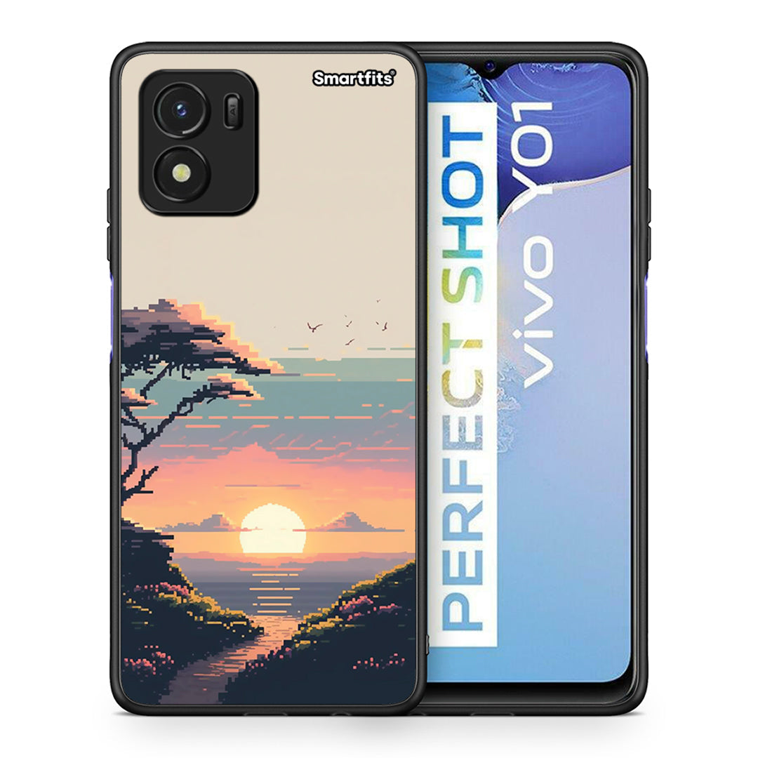 Θήκη Vivo Y01 / Y15s Pixel Sunset από τη Smartfits με σχέδιο στο πίσω μέρος και μαύρο περίβλημα | Vivo Y01 / Y15s Pixel Sunset case with colorful back and black bezels