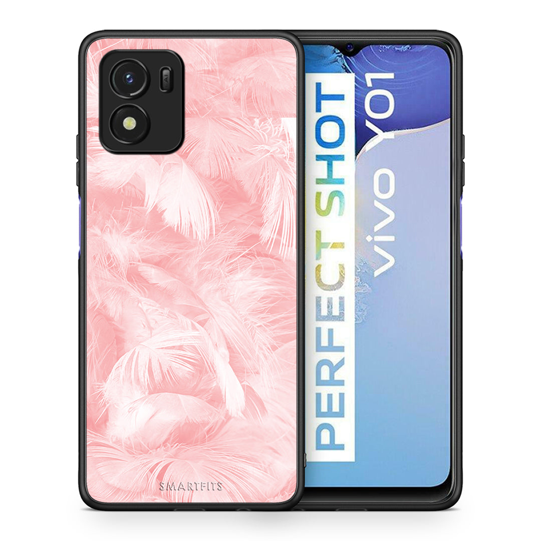 Θήκη Vivo Y01 / Y15s Pink Feather Boho από τη Smartfits με σχέδιο στο πίσω μέρος και μαύρο περίβλημα | Vivo Y01 / Y15s Pink Feather Boho case with colorful back and black bezels