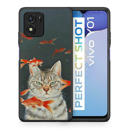 Θήκη Vivo Y01 / Y15s Cat Goldfish από τη Smartfits με σχέδιο στο πίσω μέρος και μαύρο περίβλημα | Vivo Y01 / Y15s Cat Goldfish case with colorful back and black bezels