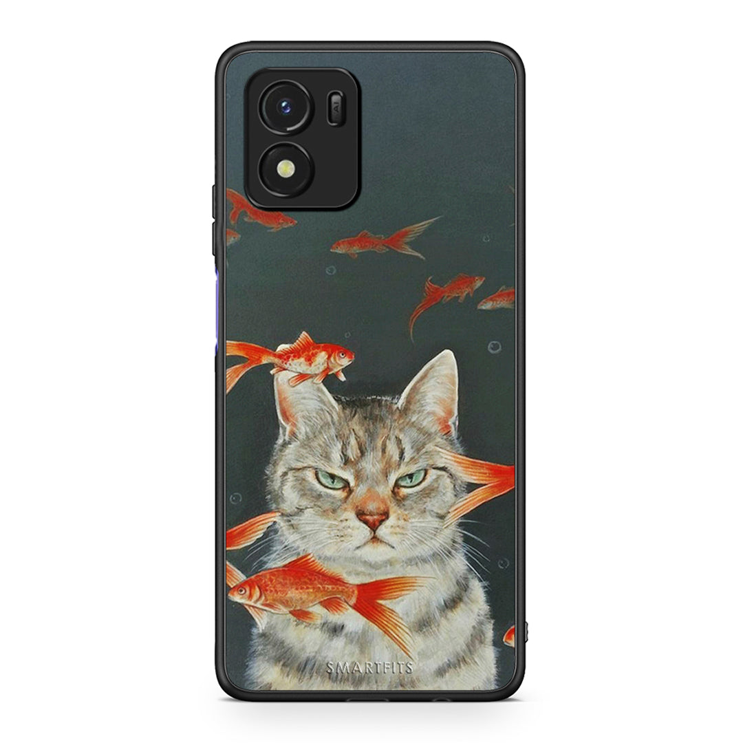 Vivo Y01 / Y15s Cat Goldfish θήκη από τη Smartfits με σχέδιο στο πίσω μέρος και μαύρο περίβλημα | Smartphone case with colorful back and black bezels by Smartfits