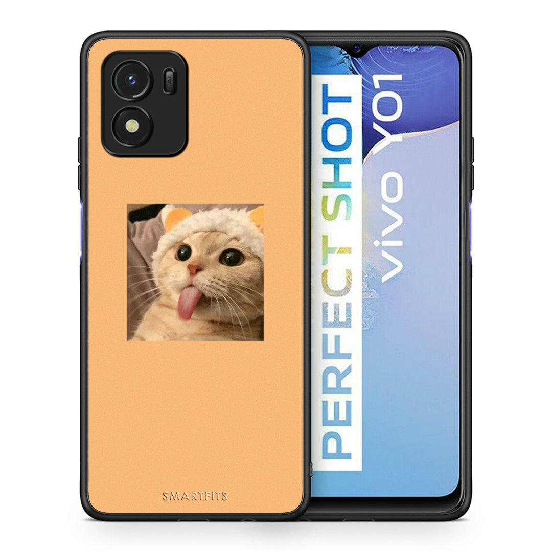 Θήκη Vivo Y01 / Y15s Cat Tongue από τη Smartfits με σχέδιο στο πίσω μέρος και μαύρο περίβλημα | Vivo Y01 / Y15s Cat Tongue case with colorful back and black bezels