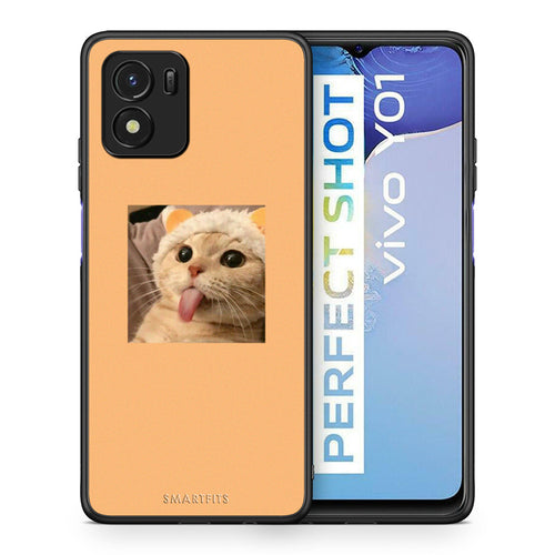 Θήκη Vivo Y01 / Y15s Cat Tongue από τη Smartfits με σχέδιο στο πίσω μέρος και μαύρο περίβλημα | Vivo Y01 / Y15s Cat Tongue case with colorful back and black bezels