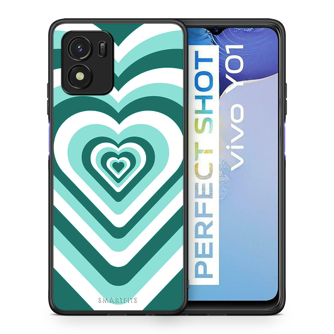 Θήκη Vivo Y01 / Y15s Green Hearts από τη Smartfits με σχέδιο στο πίσω μέρος και μαύρο περίβλημα | Vivo Y01 / Y15s Green Hearts case with colorful back and black bezels