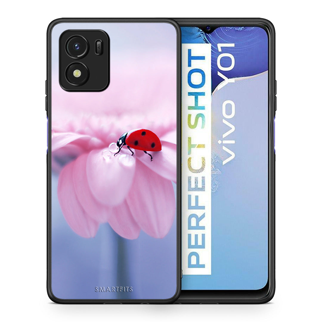 Θήκη Vivo Y01 / Y15s Ladybug Flower από τη Smartfits με σχέδιο στο πίσω μέρος και μαύρο περίβλημα | Vivo Y01 / Y15s Ladybug Flower case with colorful back and black bezels