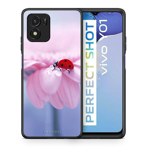 Θήκη Vivo Y01 / Y15s Ladybug Flower από τη Smartfits με σχέδιο στο πίσω μέρος και μαύρο περίβλημα | Vivo Y01 / Y15s Ladybug Flower case with colorful back and black bezels