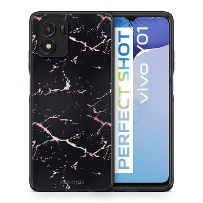 Θήκη Vivo Y01 / Y15s Black Rosegold Marble από τη Smartfits με σχέδιο στο πίσω μέρος και μαύρο περίβλημα | Vivo Y01 / Y15s Black Rosegold Marble case with colorful back and black bezels