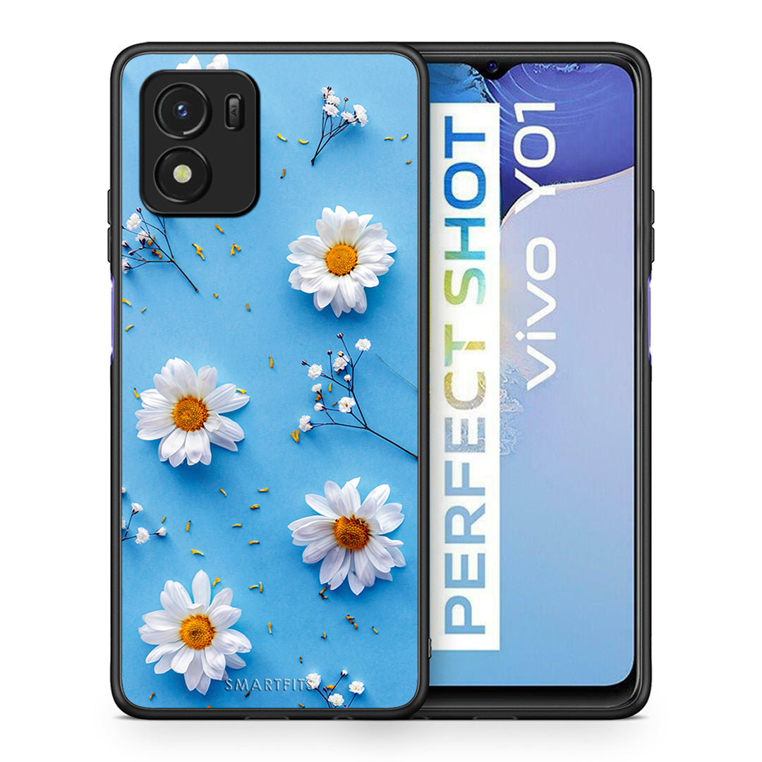 Θήκη Vivo Y01 / Y15s Real Daisies από τη Smartfits με σχέδιο στο πίσω μέρος και μαύρο περίβλημα | Vivo Y01 / Y15s Real Daisies case with colorful back and black bezels