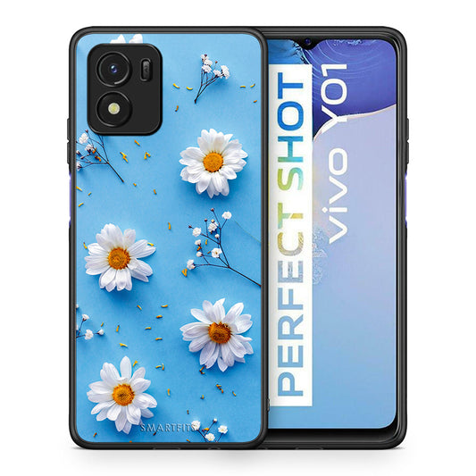 Θήκη Vivo Y01 / Y15s Real Daisies από τη Smartfits με σχέδιο στο πίσω μέρος και μαύρο περίβλημα | Vivo Y01 / Y15s Real Daisies case with colorful back and black bezels