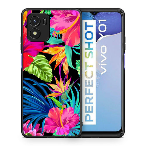 Θήκη Vivo Y01 / Y15s Tropical Flowers από τη Smartfits με σχέδιο στο πίσω μέρος και μαύρο περίβλημα | Vivo Y01 / Y15s Tropical Flowers case with colorful back and black bezels