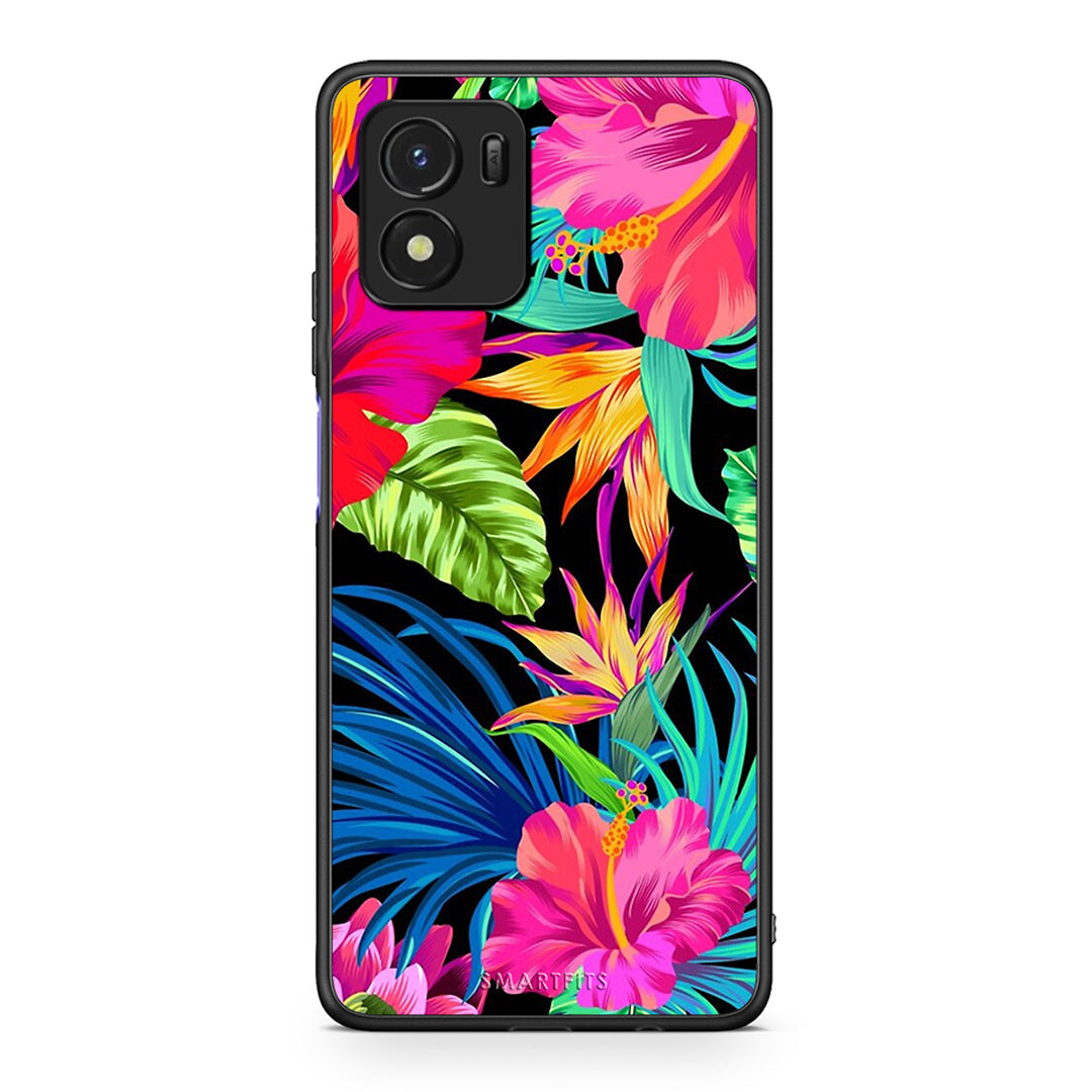 Vivo Y01 / Y15s Tropical Flowers θήκη από τη Smartfits με σχέδιο στο πίσω μέρος και μαύρο περίβλημα | Smartphone case with colorful back and black bezels by Smartfits