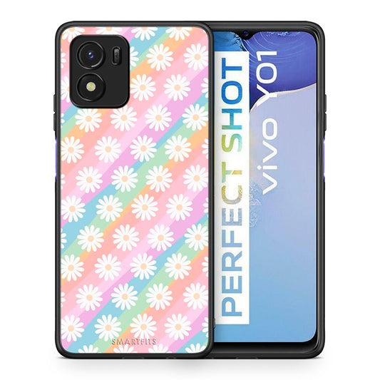 Θήκη Vivo Y01 / Y15s White Daisies από τη Smartfits με σχέδιο στο πίσω μέρος και μαύρο περίβλημα | Vivo Y01 / Y15s White Daisies case with colorful back and black bezels
