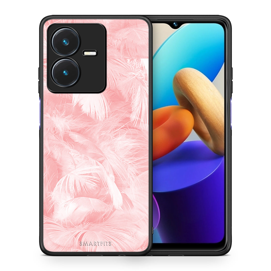 Θήκη Vivo Y22s Pink Feather Boho από τη Smartfits με σχέδιο στο πίσω μέρος και μαύρο περίβλημα | Vivo Y22s Pink Feather Boho case with colorful back and black bezels