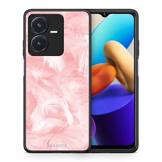 Θήκη Vivo Y22s Pink Feather Boho από τη Smartfits με σχέδιο στο πίσω μέρος και μαύρο περίβλημα | Vivo Y22s Pink Feather Boho case with colorful back and black bezels