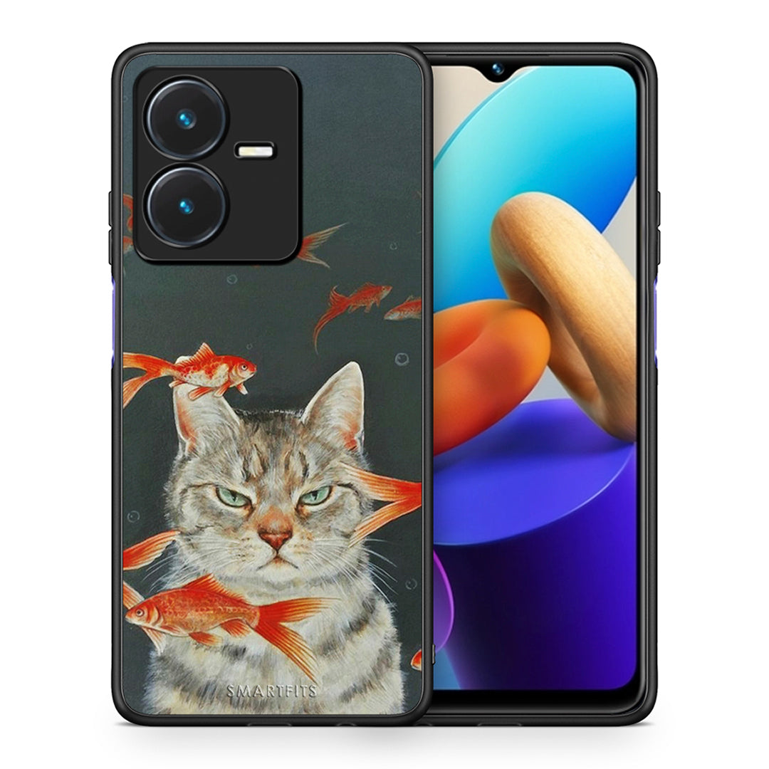 Θήκη Vivo Y22s Cat Goldfish από τη Smartfits με σχέδιο στο πίσω μέρος και μαύρο περίβλημα | Vivo Y22s Cat Goldfish case with colorful back and black bezels
