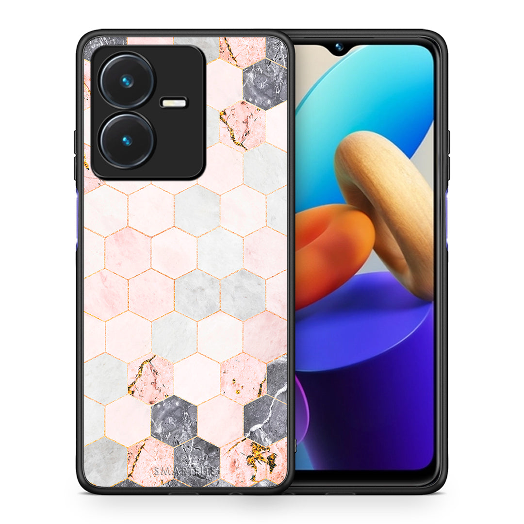 Θήκη Vivo Y22s Hexagon Pink Marble από τη Smartfits με σχέδιο στο πίσω μέρος και μαύρο περίβλημα | Vivo Y22s Hexagon Pink Marble case with colorful back and black bezels