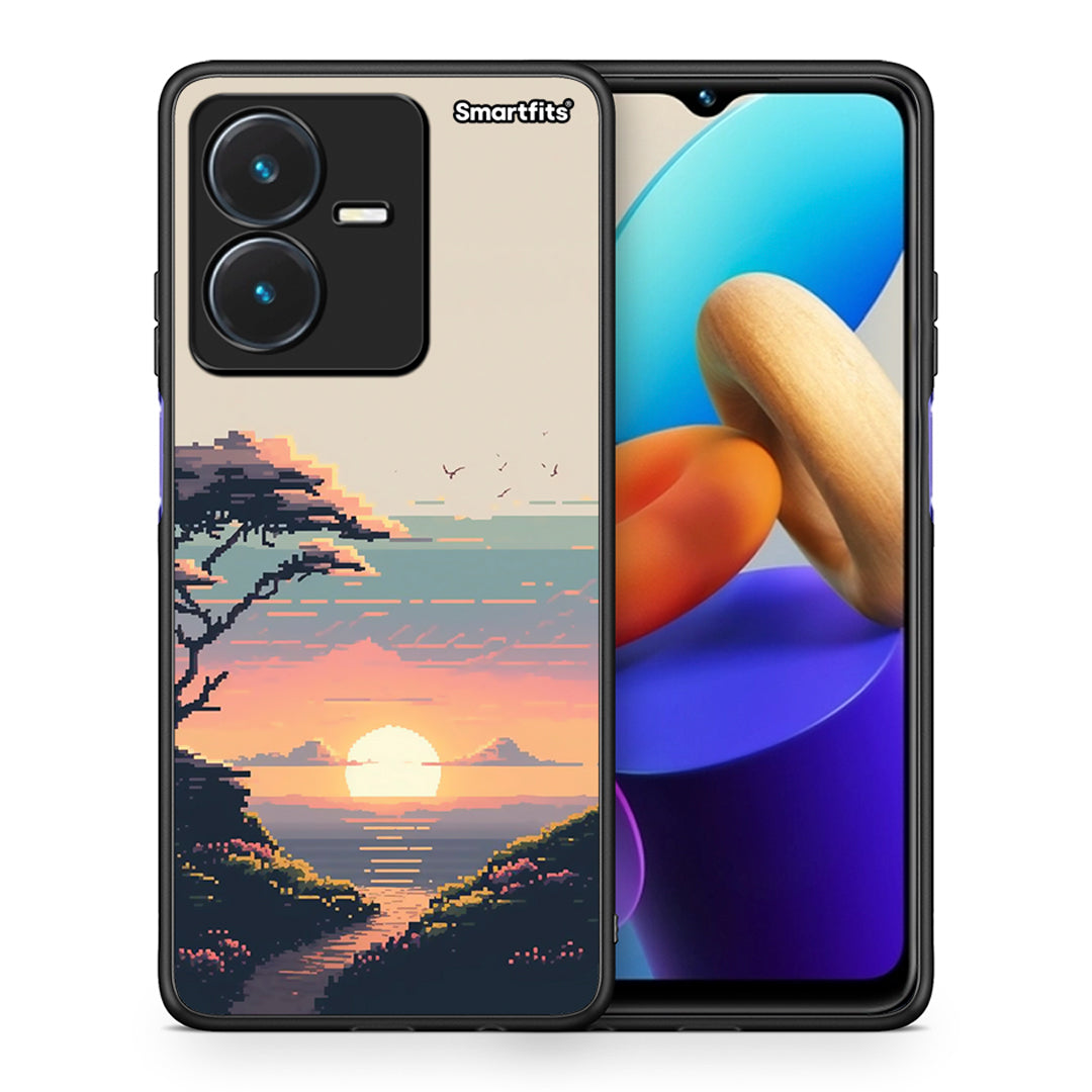 Θήκη Vivo Y22s Pixel Sunset από τη Smartfits με σχέδιο στο πίσω μέρος και μαύρο περίβλημα | Vivo Y22s Pixel Sunset case with colorful back and black bezels