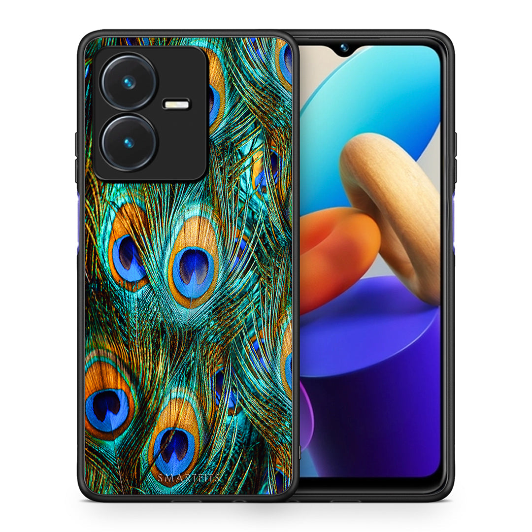 Θήκη Vivo Y22s Real Peacock Feathers από τη Smartfits με σχέδιο στο πίσω μέρος και μαύρο περίβλημα | Vivo Y22s Real Peacock Feathers case with colorful back and black bezels