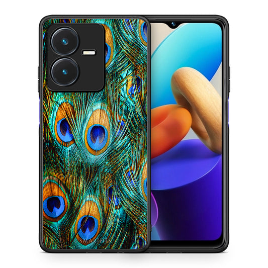 Θήκη Vivo Y22s Real Peacock Feathers από τη Smartfits με σχέδιο στο πίσω μέρος και μαύρο περίβλημα | Vivo Y22s Real Peacock Feathers case with colorful back and black bezels