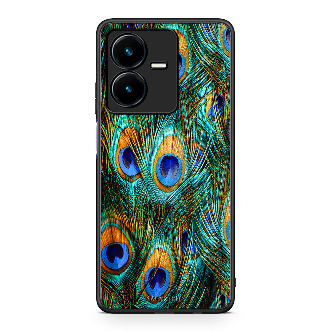 Vivo Y22s Real Peacock Feathers θήκη από τη Smartfits με σχέδιο στο πίσω μέρος και μαύρο περίβλημα | Smartphone case with colorful back and black bezels by Smartfits