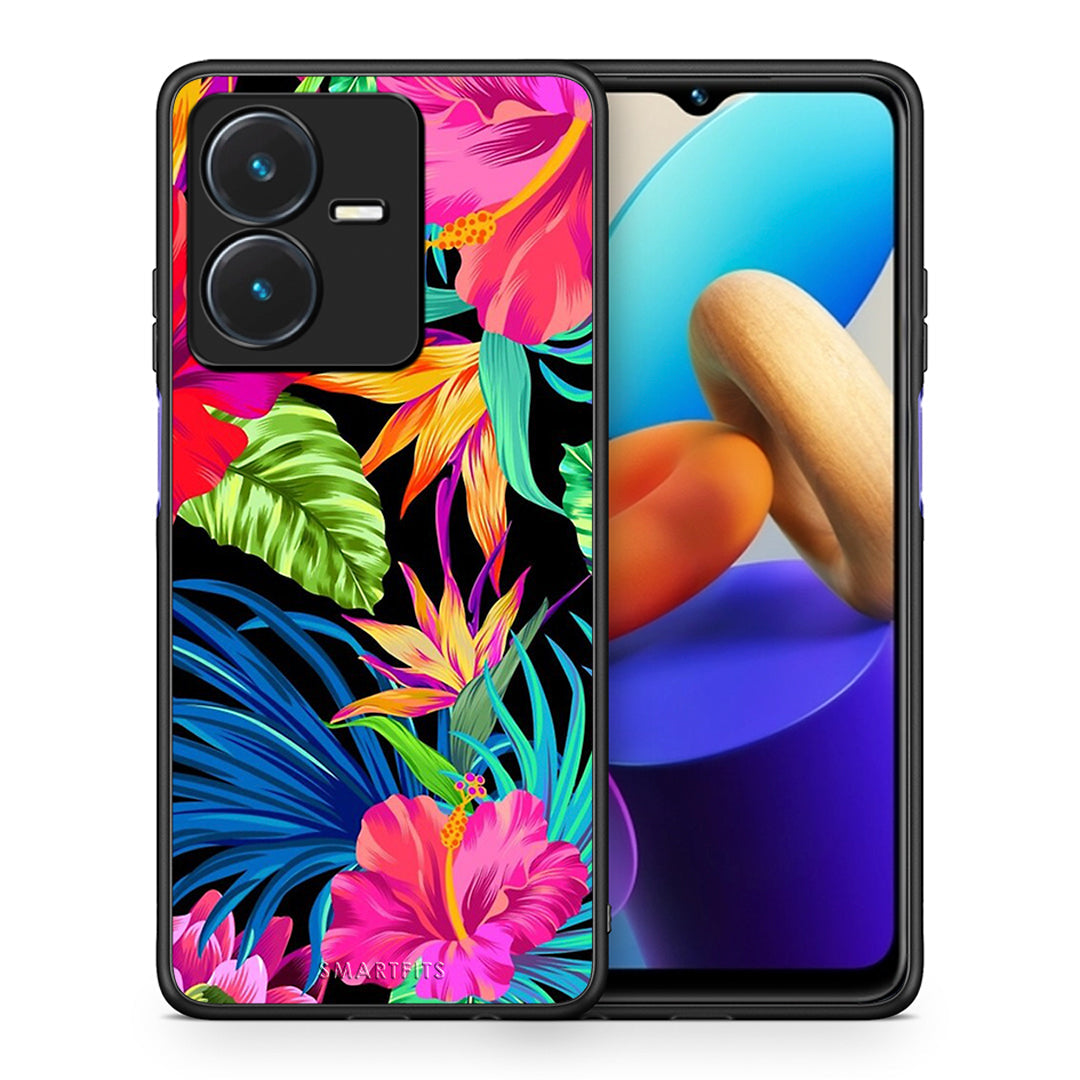 Θήκη Vivo Y22s Tropical Flowers από τη Smartfits με σχέδιο στο πίσω μέρος και μαύρο περίβλημα | Vivo Y22s Tropical Flowers case with colorful back and black bezels