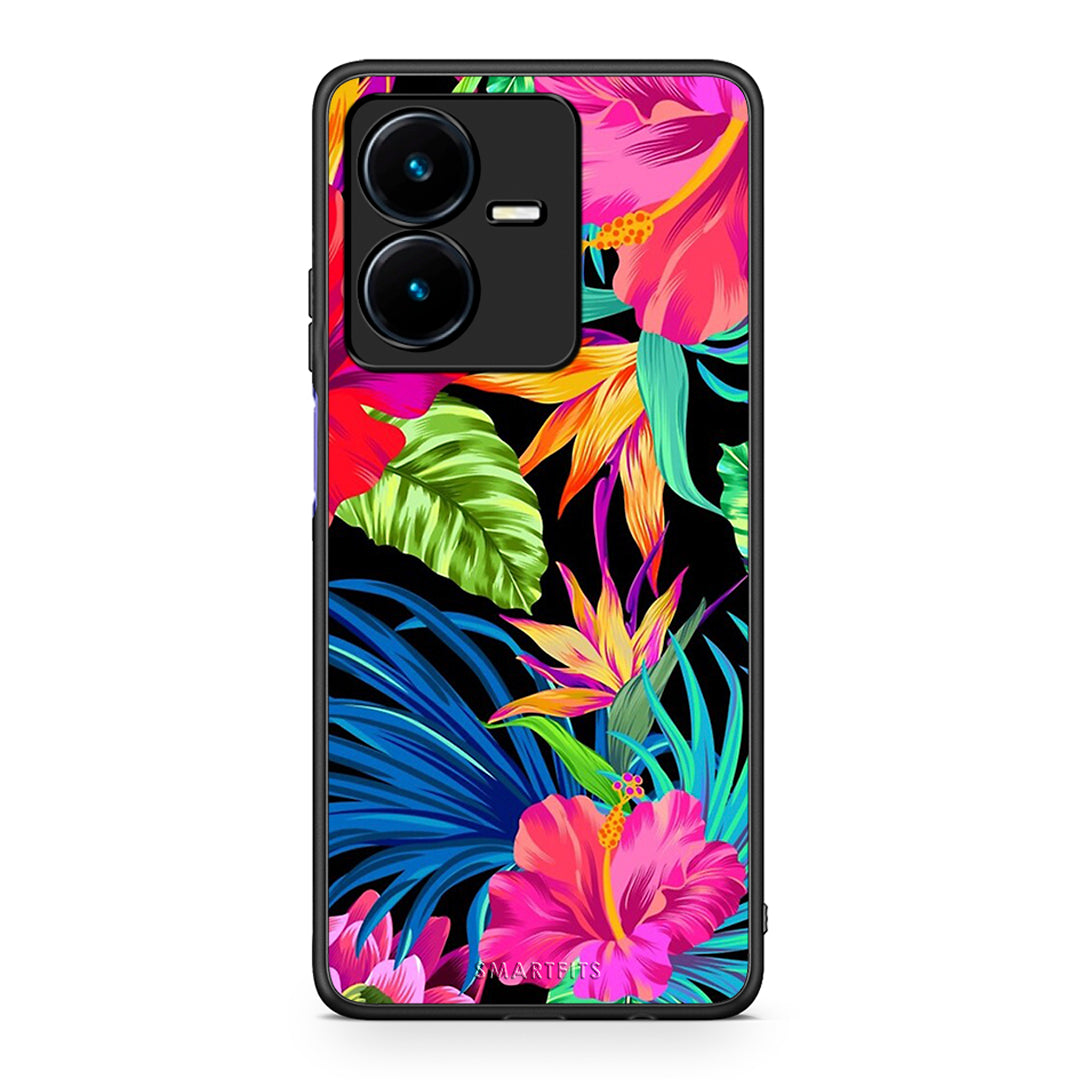 Vivo Y22s Tropical Flowers θήκη από τη Smartfits με σχέδιο στο πίσω μέρος και μαύρο περίβλημα | Smartphone case with colorful back and black bezels by Smartfits