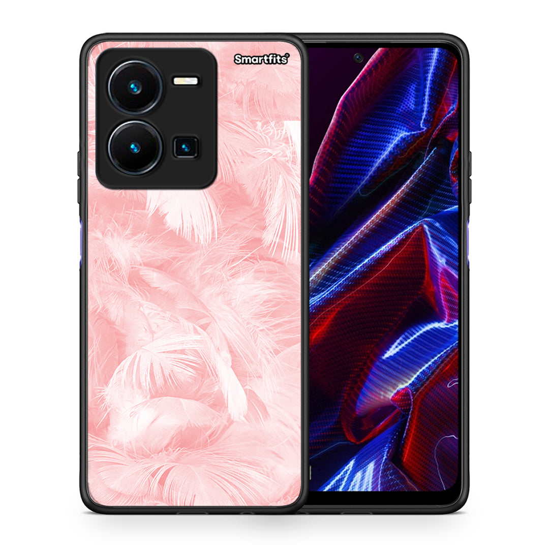 Θήκη Vivo Y35 5G Pink Feather Boho από τη Smartfits με σχέδιο στο πίσω μέρος και μαύρο περίβλημα | Vivo Y35 5G Pink Feather Boho case with colorful back and black bezels