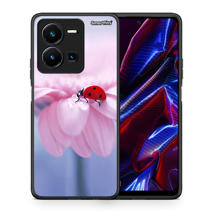 Θήκη Vivo Y35 5G Ladybug Flower από τη Smartfits με σχέδιο στο πίσω μέρος και μαύρο περίβλημα | Vivo Y35 5G Ladybug Flower case with colorful back and black bezels