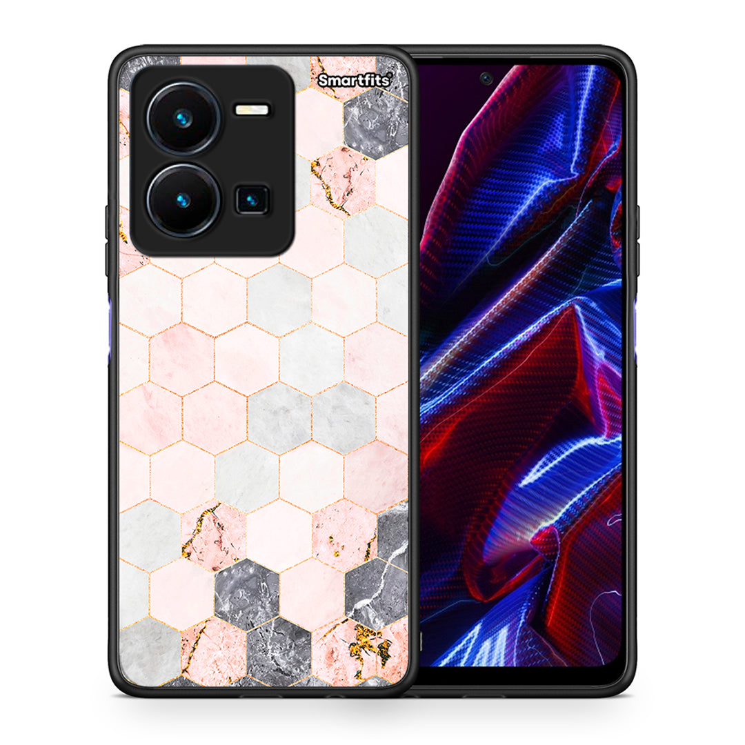 Θήκη Vivo Y35 5G Hexagon Pink Marble από τη Smartfits με σχέδιο στο πίσω μέρος και μαύρο περίβλημα | Vivo Y35 5G Hexagon Pink Marble case with colorful back and black bezels