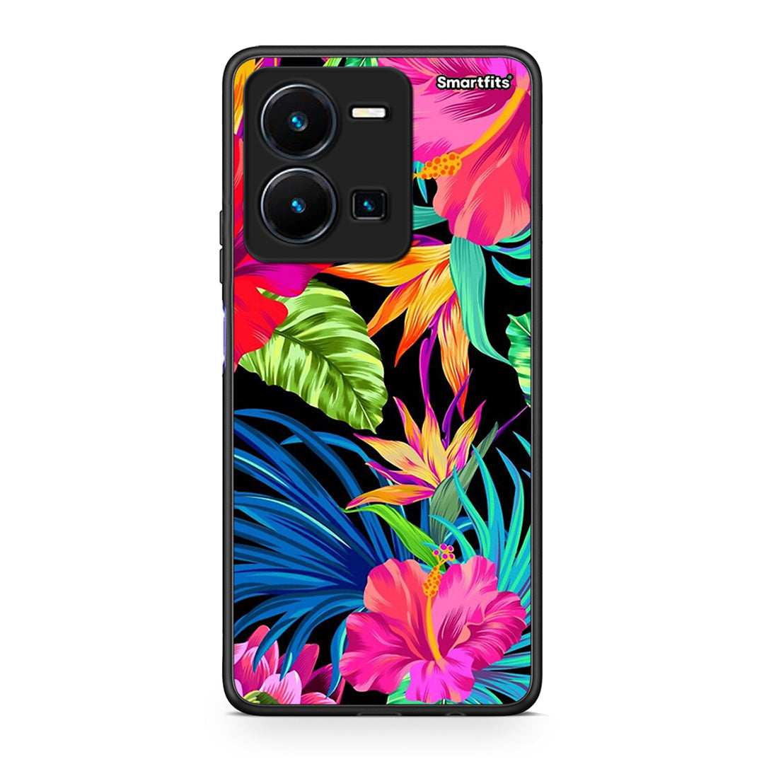 Vivo Y35 5G Tropical Flowers θήκη από τη Smartfits με σχέδιο στο πίσω μέρος και μαύρο περίβλημα | Smartphone case with colorful back and black bezels by Smartfits