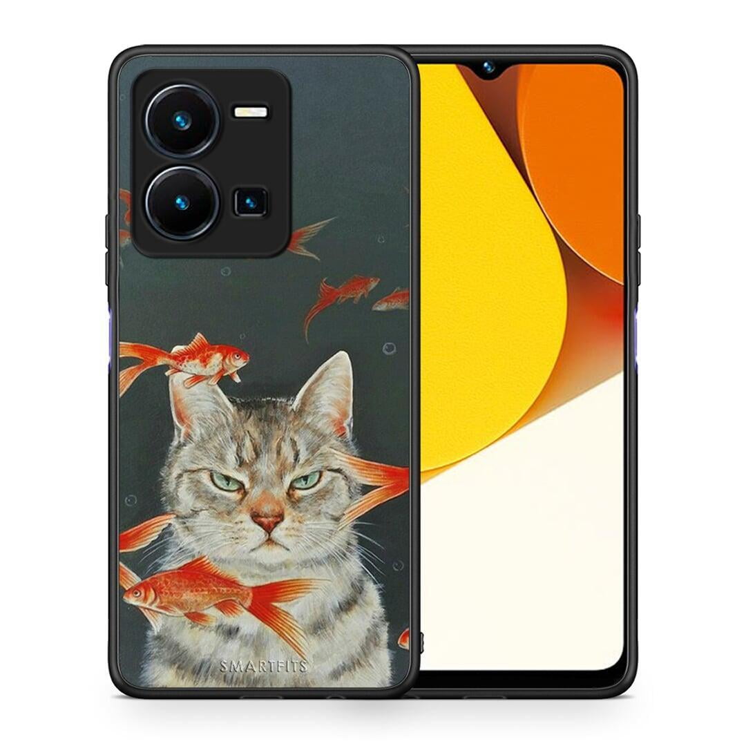 Θήκη Vivo Y35 Cat Goldfish από τη Smartfits με σχέδιο στο πίσω μέρος και μαύρο περίβλημα | Vivo Y35 Cat Goldfish Case with Colorful Back and Black Bezels