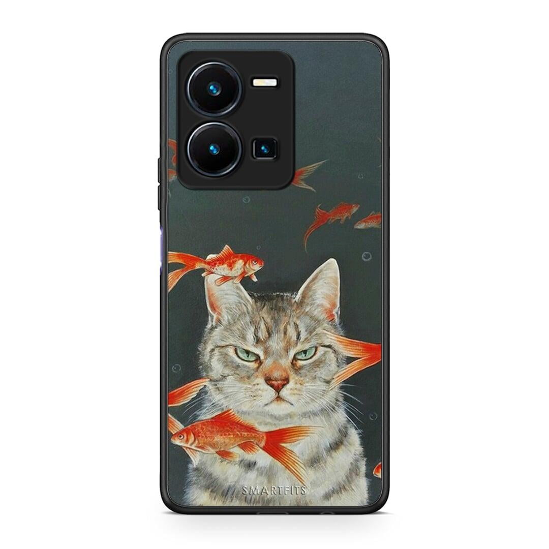 Θήκη Vivo Y35 Cat Goldfish από τη Smartfits με σχέδιο στο πίσω μέρος και μαύρο περίβλημα | Vivo Y35 Cat Goldfish Case with Colorful Back and Black Bezels