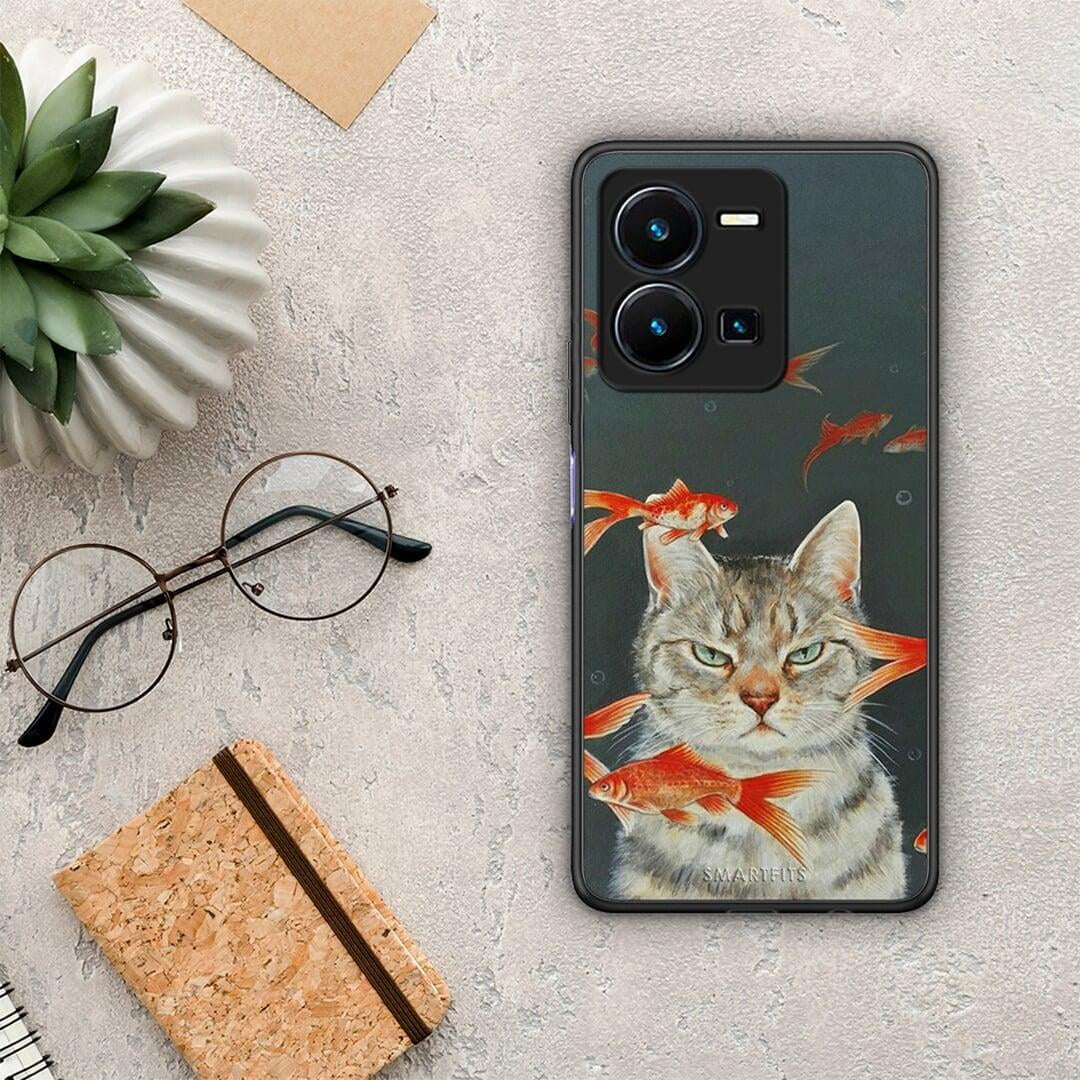Θήκη Vivo Y35 Cat Goldfish από τη Smartfits με σχέδιο στο πίσω μέρος και μαύρο περίβλημα | Vivo Y35 Cat Goldfish Case with Colorful Back and Black Bezels