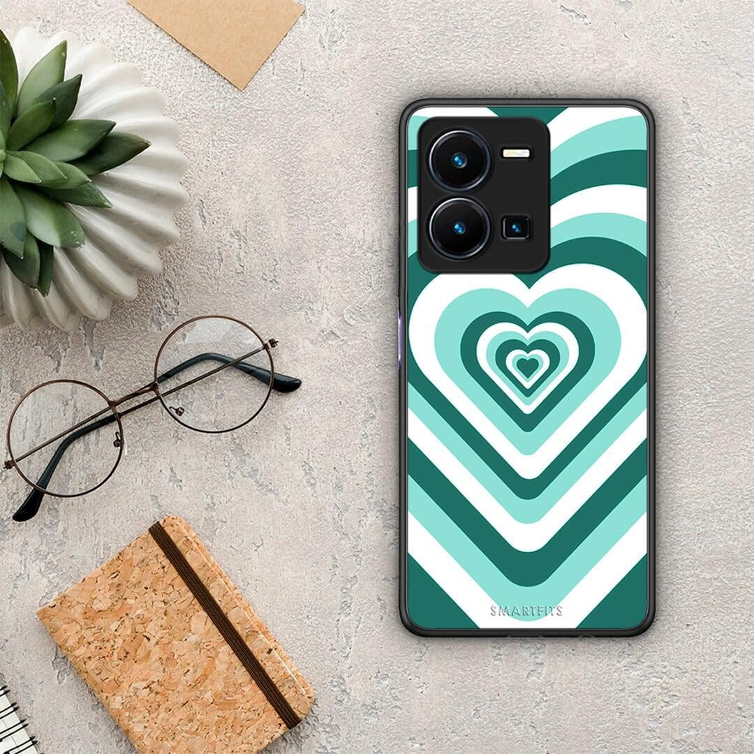 Θήκη Vivo Y35 Green Hearts από τη Smartfits με σχέδιο στο πίσω μέρος και μαύρο περίβλημα | Vivo Y35 Green Hearts Case with Colorful Back and Black Bezels