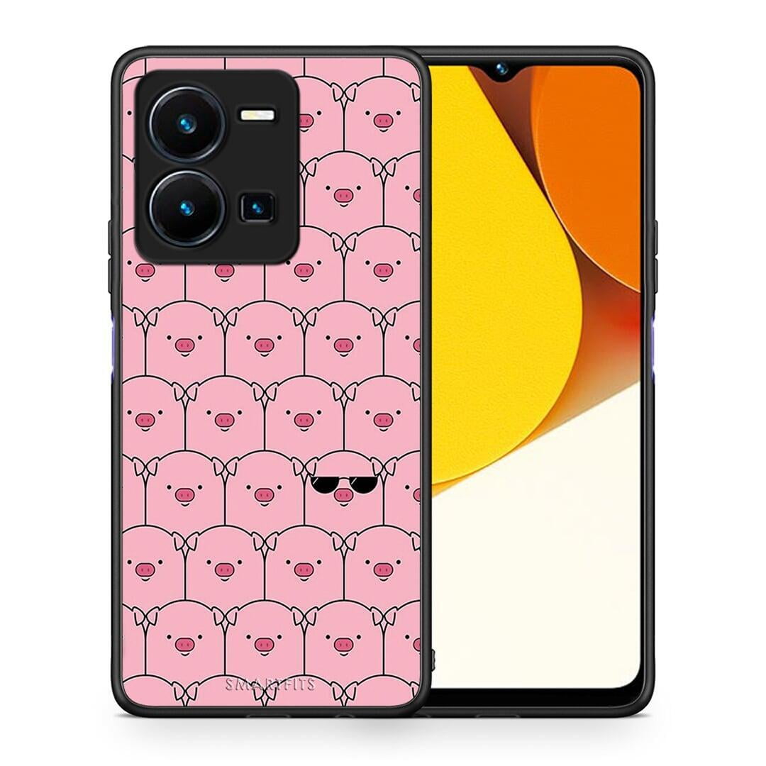 Θήκη Vivo Y35 Pig Glasses από τη Smartfits με σχέδιο στο πίσω μέρος και μαύρο περίβλημα | Vivo Y35 Pig Glasses Case with Colorful Back and Black Bezels