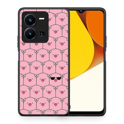 Θήκη Vivo Y35 Pig Glasses από τη Smartfits με σχέδιο στο πίσω μέρος και μαύρο περίβλημα | Vivo Y35 Pig Glasses Case with Colorful Back and Black Bezels