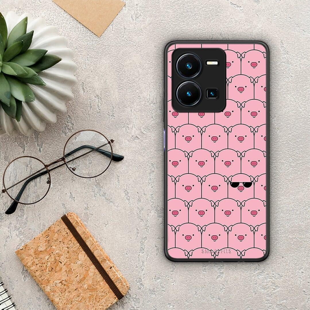 Θήκη Vivo Y35 Pig Glasses από τη Smartfits με σχέδιο στο πίσω μέρος και μαύρο περίβλημα | Vivo Y35 Pig Glasses Case with Colorful Back and Black Bezels
