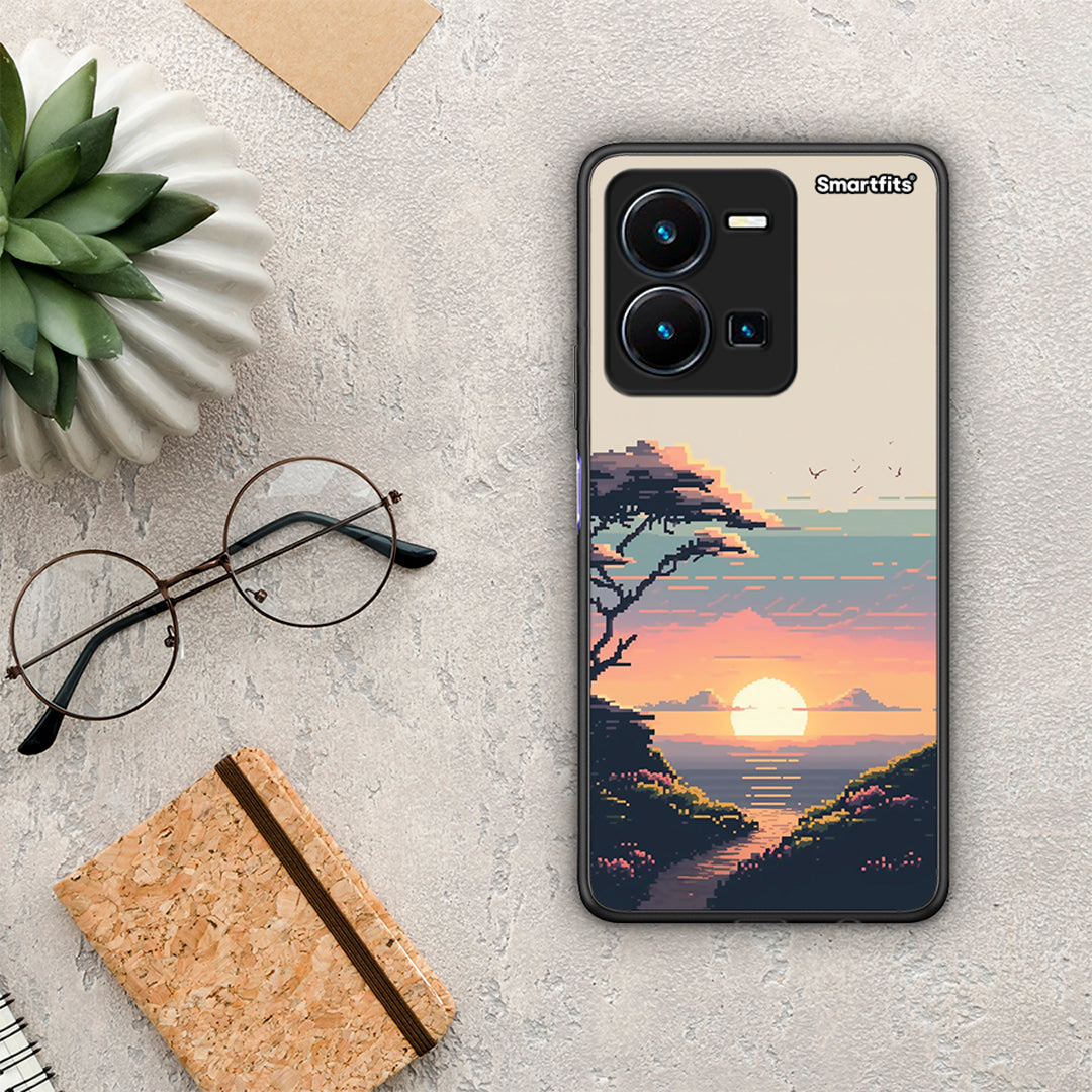 Θήκη Vivo Y35 Pixel Sunset από τη Smartfits με σχέδιο στο πίσω μέρος και μαύρο περίβλημα | Vivo Y35 Pixel Sunset Case with Colorful Back and Black Bezels
