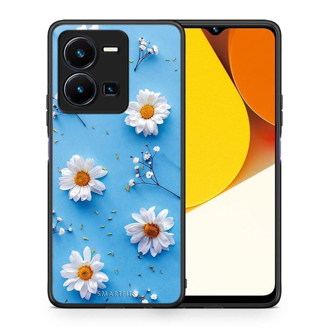 Θήκη Vivo Y35 Real Daisies από τη Smartfits με σχέδιο στο πίσω μέρος και μαύρο περίβλημα | Vivo Y35 Real Daisies Case with Colorful Back and Black Bezels