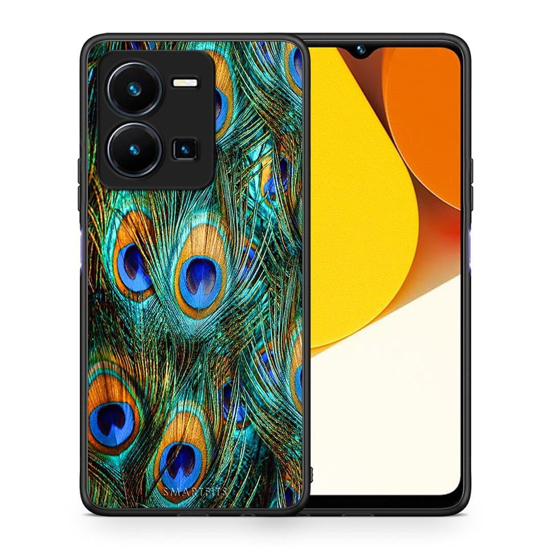 Θήκη Vivo Y35 Real Peacock Feathers από τη Smartfits με σχέδιο στο πίσω μέρος και μαύρο περίβλημα | Vivo Y35 Real Peacock Feathers Case with Colorful Back and Black Bezels