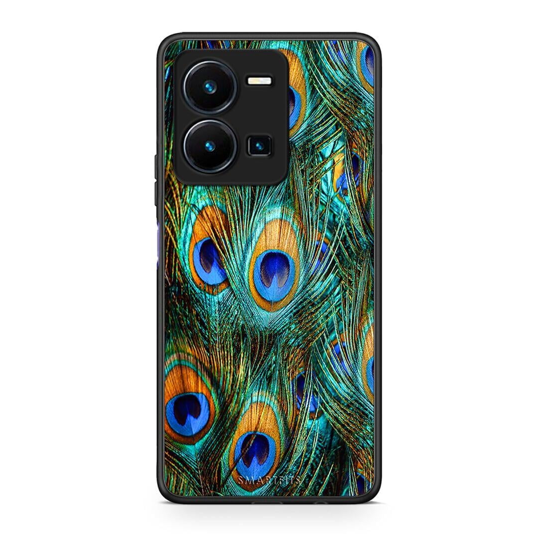Θήκη Vivo Y35 Real Peacock Feathers από τη Smartfits με σχέδιο στο πίσω μέρος και μαύρο περίβλημα | Vivo Y35 Real Peacock Feathers Case with Colorful Back and Black Bezels