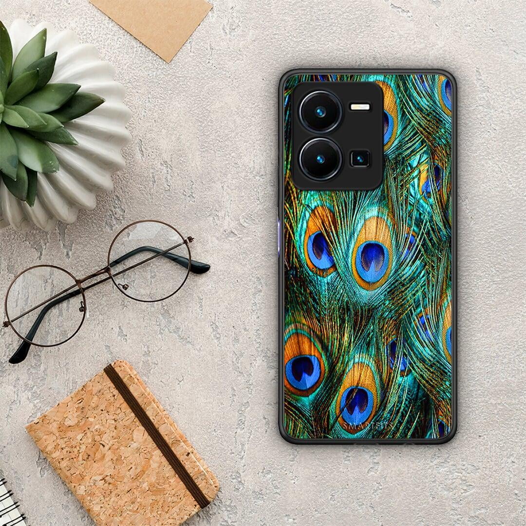 Θήκη Vivo Y35 Real Peacock Feathers από τη Smartfits με σχέδιο στο πίσω μέρος και μαύρο περίβλημα | Vivo Y35 Real Peacock Feathers Case with Colorful Back and Black Bezels