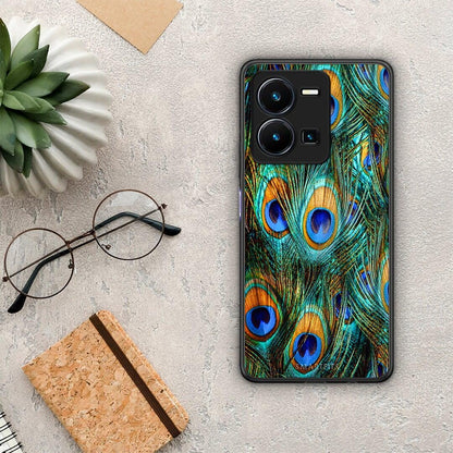 Θήκη Vivo Y35 Real Peacock Feathers από τη Smartfits με σχέδιο στο πίσω μέρος και μαύρο περίβλημα | Vivo Y35 Real Peacock Feathers Case with Colorful Back and Black Bezels