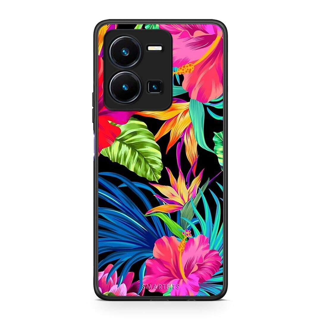 Θήκη Vivo Y35 Tropical Flowers από τη Smartfits με σχέδιο στο πίσω μέρος και μαύρο περίβλημα | Vivo Y35 Tropical Flowers Case with Colorful Back and Black Bezels