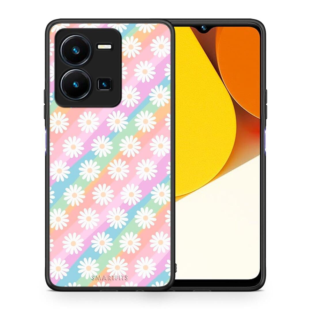 Θήκη Vivo Y35 White Daisies από τη Smartfits με σχέδιο στο πίσω μέρος και μαύρο περίβλημα | Vivo Y35 White Daisies Case with Colorful Back and Black Bezels