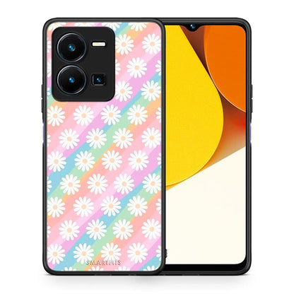 Θήκη Vivo Y35 White Daisies από τη Smartfits με σχέδιο στο πίσω μέρος και μαύρο περίβλημα | Vivo Y35 White Daisies Case with Colorful Back and Black Bezels
