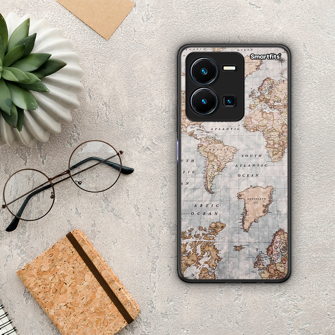 Θήκη Vivo Y35 World Map από τη Smartfits με σχέδιο στο πίσω μέρος και μαύρο περίβλημα | Vivo Y35 World Map Case with Colorful Back and Black Bezels